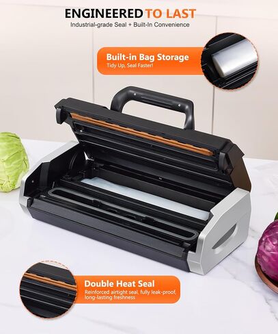 95KPa 10-in-1 Commercial Vacuum Sealer Double Heat Seal Device | Equipped with easy-lock handle, built-in cutter, sealed hose, 1 roll + 15 vacuum bags for food preservation Black Silver in Saudi Arabia