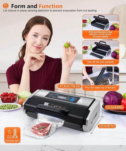 95KPa 10-in-1 Commercial Vacuum Sealer Double Heat Seal Device | Equipped with easy-lock handle, built-in cutter, sealed hose, 1 roll + 15 vacuum bags for food preservation Black Silver in Saudi Arabia
