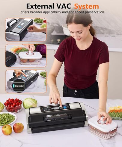 95KPa 10-in-1 Commercial Vacuum Sealer Double Heat Seal Device | Equipped with easy-lock handle, built-in cutter, sealed hose, 1 roll + 15 vacuum bags for food preservation Black Silver in Saudi Arabia