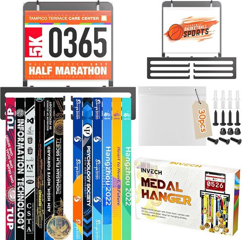 Invech Medal Hanger Display, 6 Rows Race Bib Medal Holder, Holds 60+ Medals, Wall Mount Medal Rack with Gift Box for Runners Marathon Soccer Sports Competition Gift in Saudi Arabia