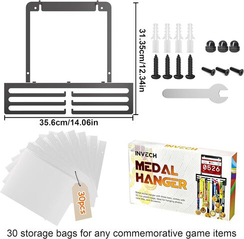 Invech Medal Hanger Display, 6 Rows Race Bib Medal Holder, Holds 60+ Medals, Wall Mount Medal Rack with Gift Box for Runners Marathon Soccer Sports Competition Gift in Saudi Arabia