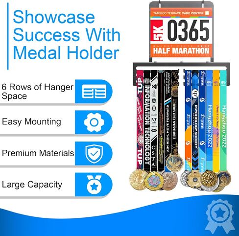 Invech Medal Hanger Display, 6 Rows Race Bib Medal Holder, Holds 60+ Medals, Wall Mount Medal Rack with Gift Box for Runners Marathon Soccer Sports Competition Gift in Saudi Arabia