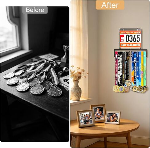 Invech Medal Hanger Display, 6 Rows Race Bib Medal Holder, Holds 60+ Medals, Wall Mount Medal Rack with Gift Box for Runners Marathon Soccer Sports Competition Gift in Saudi Arabia