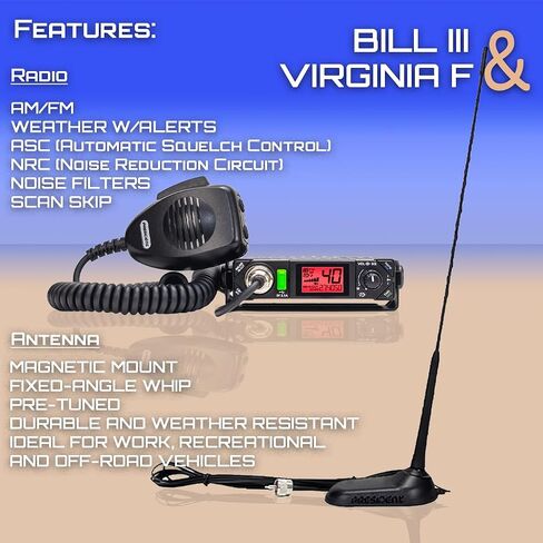 President Premium Compact CB Radio Kit with Bill III AM/FM CB Radio and Virginia F Antenna, Features P-Channels, NRC, and Weather Channels in Saudi Arabia