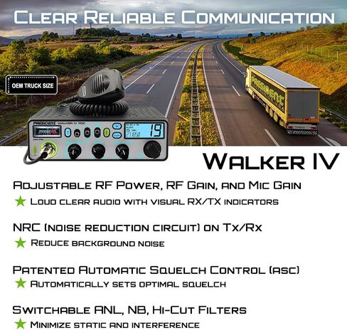 President Walker IV FCC AM/FM Trucker CB Radio with Automatic SWR/SWR Protection, 7-Color LCD with Glow Mode, Automatic Squelch, Noise Reduction, Weather/Alert, VOX Hands-free, USB-C Port, P-channels. | Automatic SWR/SWR Protection, 7-Color LCD with Glow  in Saudi Arabia