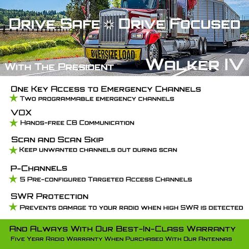 President Walker IV FCC AM/FM Trucker CB Radio with Automatic SWR/SWR Protection, 7-Color LCD with Glow Mode, Automatic Squelch, Noise Reduction, Weather/Alert, VOX Hands-free, USB-C Port, P-channels. | Automatic SWR/SWR Protection, 7-Color LCD with Glow  in Saudi Arabia