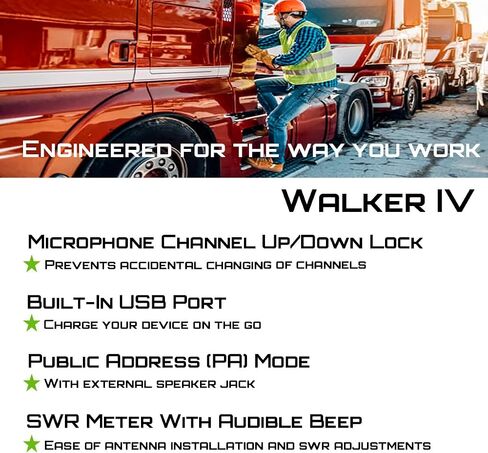 President Walker IV FCC AM/FM Trucker CB Radio with Automatic SWR/SWR Protection, 7-Color LCD with Glow Mode, Automatic Squelch, Noise Reduction, Weather/Alert, VOX Hands-free, USB-C Port, P-channels. | Automatic SWR/SWR Protection, 7-Color LCD with Glow  in Saudi Arabia