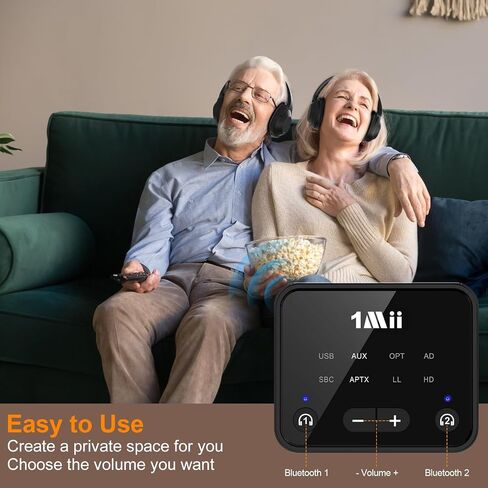 جهاز إرسال 1Mii Bluetooth 5.3 للتلفزيون إلى 2 سماعات/مكبرات صوت لاسلكية | aptX Adaptive/HD، مدخلات صوت بصرية/AUX/RCA مع التحكم في مستوى الصوت، محول بلوتوث طويل المدى 100 قدم للتلفزيون in Kuwait