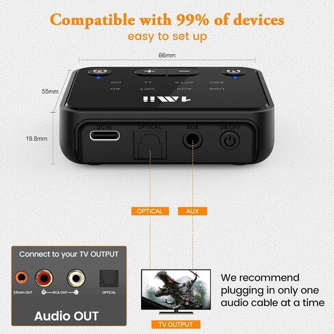 جهاز إرسال 1Mii Bluetooth 5.3 للتلفزيون إلى 2 سماعات/مكبرات صوت لاسلكية | aptX Adaptive/HD، مدخلات صوت بصرية/AUX/RCA مع التحكم في مستوى الصوت، محول بلوتوث طويل المدى 100 قدم للتلفزيون in Kuwait