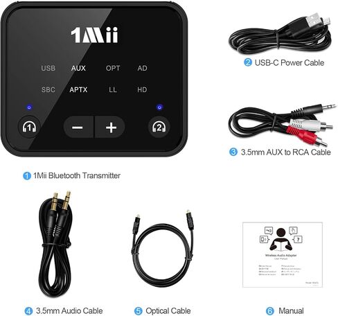 جهاز إرسال 1Mii Bluetooth 5.3 للتلفزيون إلى 2 سماعات/مكبرات صوت لاسلكية | aptX Adaptive/HD، مدخلات صوت بصرية/AUX/RCA مع التحكم في مستوى الصوت، محول بلوتوث طويل المدى 100 قدم للتلفزيون in Kuwait