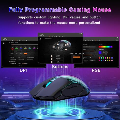 FFJ Master02 Wireless Gaming Mouse, 12000 DPI, 75H Battery, Tri-Mode, Black | Bluetooth 5.3, 2.4GHz wireless, USB-C wired, rechargeable gaming mouse for PC and Mac, customizable RGB, programmable buttons in Saudi Arabia