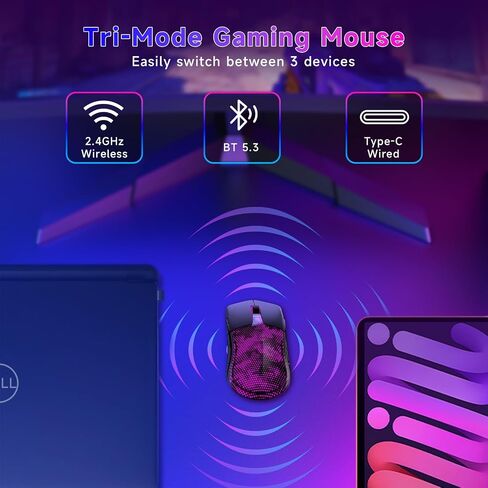 FFJ Master02 Wireless Gaming Mouse, 12000 DPI, 75H Battery, Tri-Mode, Black | Bluetooth 5.3, 2.4GHz wireless, USB-C wired, rechargeable gaming mouse for PC and Mac, customizable RGB, programmable buttons in Saudi Arabia