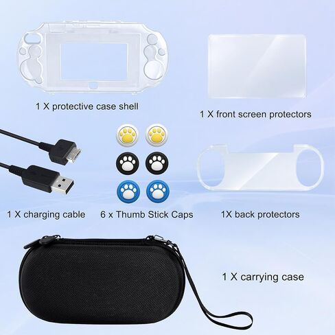 مجموعة الملحقات لجهاز PS Vita 1000، حقيبة حمل لجهاز PSV 1000، حافظة واقية، واقيات شاشة أمامية وخلفية، 6 قطع من أغطية قبضة الإبهام وكابل الشاحن in Kuwait