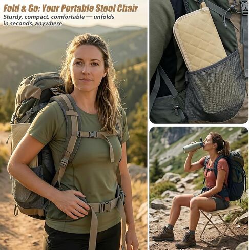 LoTanop Foldable Backpack Stool- mini Folding Chair - Compact Collapsible Camping Seat Supports 286 LBS for Outdoor Hiking, Fishing, Travel & Camping (Beige) in Saudi Arabia