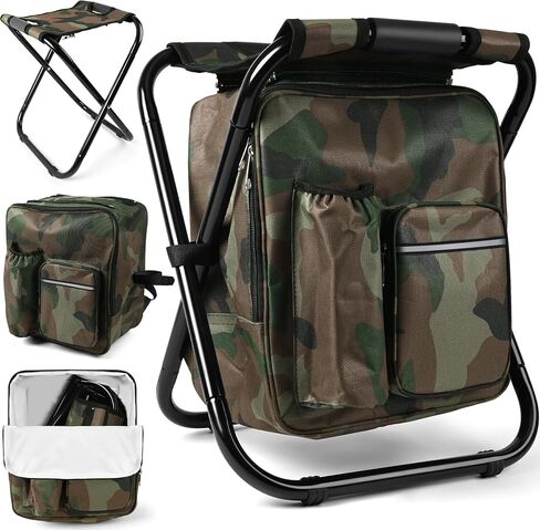 Kikerike Folding Stool Backpack Insulated Cooler Bag, Collapsible Camping Hunting Fishing Multifunction Chair with Front Pocket and Bottle Pocket for Outdoor Events, Hiking, Travel, Beach - Camo in Saudi Arabia