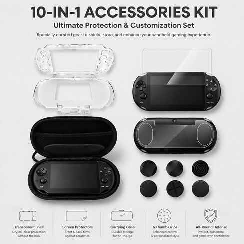 10 in 1 Accessories Kit for PS Vita 2000, Carrying Case Clear Hard Case for PSV 2000, Protective Case, Front and Back Screen Protectors for PlayStation Vita 2000/PS Vita Slim ONLY in Saudi Arabia