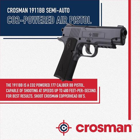 Crosman 1911BB Semi-Auto CO2 Powered BB Pistol - 480 FPS - Black | 20-Round Drop-Out Magazine - Picatinny Accessory Rail - Removable Grip Panels in Saudi Arabia