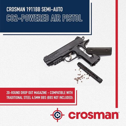 Crosman 1911BB Semi-Auto CO2 Powered BB Pistol - 480 FPS - Black | 20-Round Drop-Out Magazine - Picatinny Accessory Rail - Removable Grip Panels in Saudi Arabia