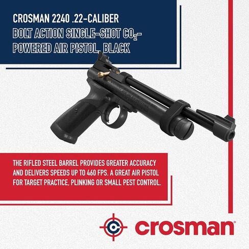 Crosman 2240 Bolt Action Single-Shot .22 Caliber CO2 Air Pistol - 460 FPS – Black | Improved Bolt Design - Rifled Steel Barrel - Ambidextrous Grip in Saudi Arabia