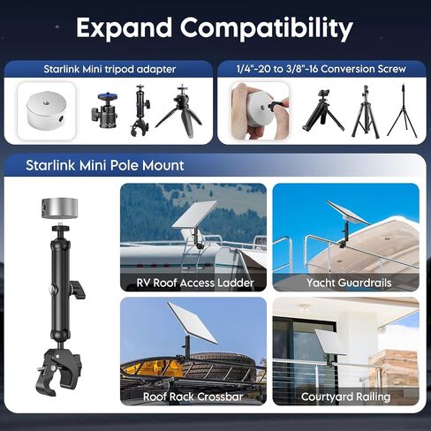 Starlink Mini Clamp Mount, Aluminum Starlink Mini Pole Mount Kit with 1/4"-20 & 3/8"-16 Thread & Clamp Bracket for 2026/2025 StarLink Mini, RV, Camper, Boat, Roof Rack, Balcony in Saudi Arabia