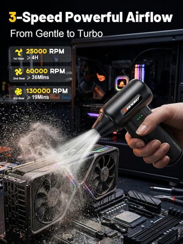 X213 Compressed Air Duster, 130000RPM, 3-Speed Adjustable, Electric | Mini Air Blower, Rechargeable, 4 Nozzles, Cordless, 0.5lb Portable, for Computer, Keyboard, House, Outdoor and Car in Saudi Arabia