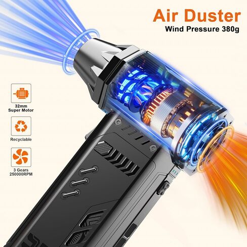 Electric air Duster，250,000RPM Super Power mini Blower,2 Swappable Battery | 3-speed adjustable rechargeable air duster with multiple nozzles，for cleaning car, keyboard, computer, leaves,home & outdoor. in Kuwait