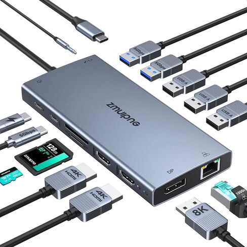 USB C Docking Station Dual Monitor Laptop Docking Station with 2 HDMI DP 8K | 15 in 1 Docking Station 3 Monitors with 100W PD 6 USB A/C Ports Button USB C Hub Multiport Adapter for Dell HP Windows Laptop in Saudi Arabia