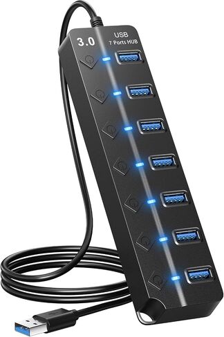 USB Hub 7 Port, USB Splitter with Individual On/Off Switches and Lights. | USB 3.0 Hub with 3.3ft Cable, Extender for A Port Laptop, PC, Desktop in Saudi Arabia
