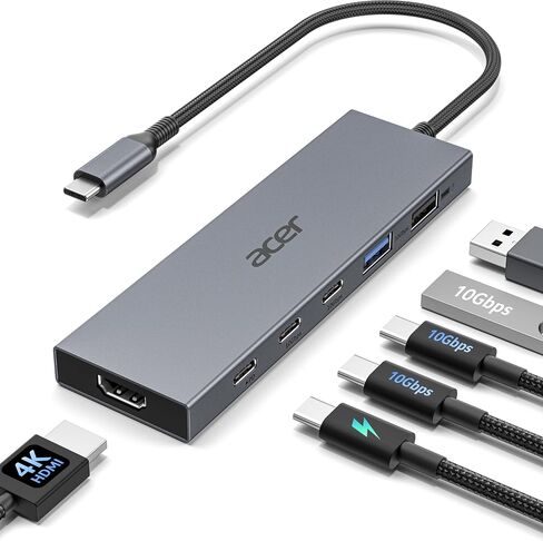 موزع USB C 6 في 1 من Acer بسرعة 10 جيجابت في الثانية، ومحول USB C إلى HDMI بسرعة 4K عند 60 هرتز | 2*USB-C 3.2، 1*USB A 3.2، 1*USB 2.0 بيانات، منفذ PD 100 وات، مقسم متعدد المنافذ من النوع C لأجهزة الكمبيوتر المحمول/ MacBook Neo/Air/Pro، iPad Pro in Kuwait