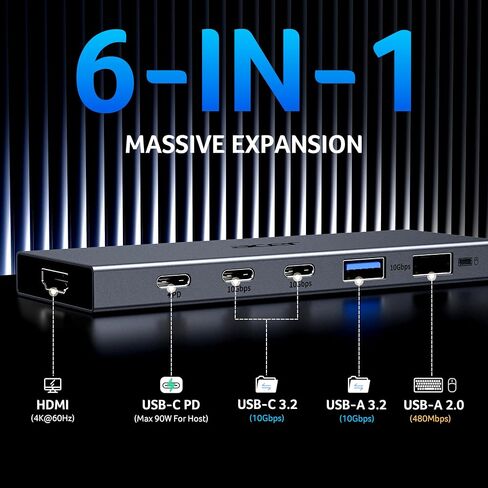 موزع USB C 6 في 1 من Acer بسرعة 10 جيجابت في الثانية، ومحول USB C إلى HDMI بسرعة 4K عند 60 هرتز | 2*USB-C 3.2، 1*USB A 3.2، 1*USB 2.0 بيانات، منفذ PD 100 وات، مقسم متعدد المنافذ من النوع C لأجهزة الكمبيوتر المحمول/ MacBook Neo/Air/Pro، iPad Pro in Kuwait