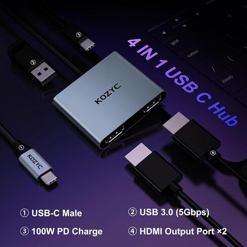 USB C to Dual HDMI Adapter 4K@30Hz, KOZYC USB C Hub Multiport Adapter with 2xHDMI, USB 3.0, 100W PD, Support USB C to HDMI Splitter Extended Display for MacBook Pro (MST is not Supported on MacOS) in Saudi Arabia