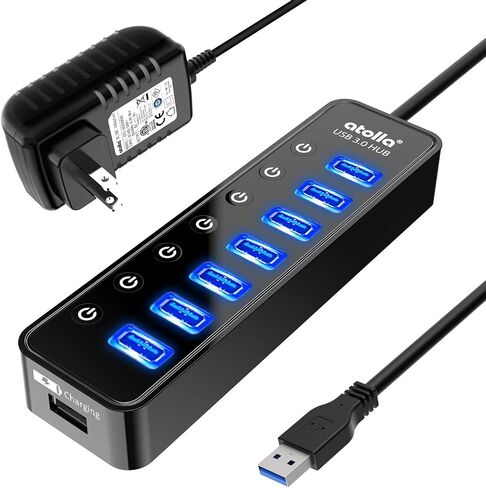 Powered USB Hub 3.0, Atolla 8-Port USB 3.0 Data Hub Splitter with One Smart Charging Port and Individual On/Off Switches and 5V/4A Power Adapter USB Extension for MacBook, Mac Pro/Mini and More in Saudi Arabia
