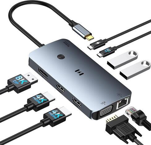 Selore USB C Docking Station Dual Monitor,Laptop Docking Station 3 Monitors | Dual/Triple/Quad display, 2 HDMI+DP+VGA, 100W PD input, 1Gbps Ethernet, 5Gbps USB-A/C, USB C Hub Dongle for DELL, HP and More in Saudi Arabia