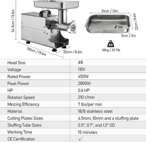 OKF Meat Grinder #8, 304 Stainless Steel Electric Meat Grinder, 2800W Max Commercial Meat Grinder, Meat Grinders for Home Use with 2 Blades, 3 Plates, 3 Stuffing Tubes in Saudi Arabia