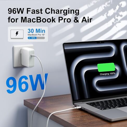 10ft Charger for MacBook Pro/Air 16, 15, 14, 13 inch 2025, 2024, 2023, 2022, 2021, 2020, M1 M2 M3 M4, 96W USB C Power Adapter, LED, 100W USB-C Cable Charging as Fast as Original Quality in Kuwait