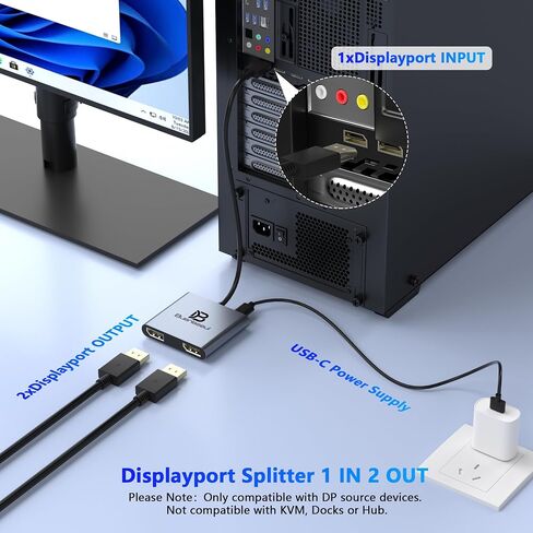 DisplayPort Splitter for Dual Monitors, DisplayPort to Dual DisplayPort Splitter Adapter 4K@120Hz, Monitor Splitter SST/MST Extended Display, DP MST Hub for PC, Laptop,Graphics Card and More in Saudi Arabia