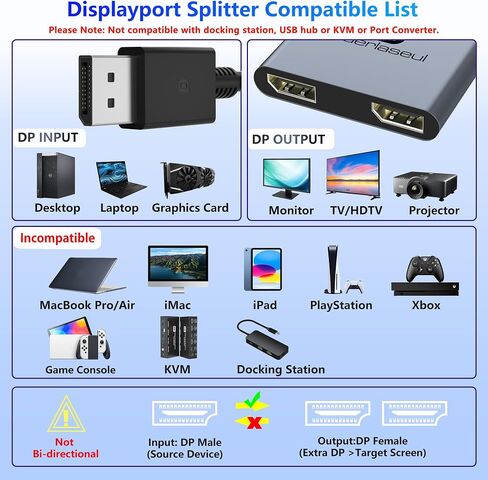 DisplayPort Splitter for Dual Monitors, DisplayPort to Dual DisplayPort Splitter Adapter 4K@120Hz, Monitor Splitter SST/MST Extended Display, DP MST Hub for PC, Laptop,Graphics Card and More in Saudi Arabia