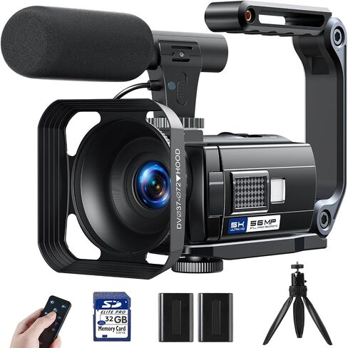 Camcorder Video Camera 5K 56MP Vlogging Camera for YouTube WiFi IR Night Vision 3" 270° Rotatable Touchscreen Digital Cameras with 32GB SD Card, Microphone, Stabilizer, Remote, Batteries, Tripod in Kuwait