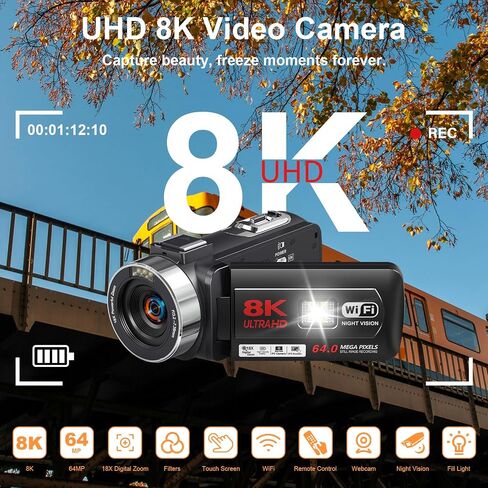 8K 64MP Video Camera Camcorder 18X Zoom WiFi IR Night Vision Camcorders | 3.0'' Touch Screen Webcam Vlogging Camera for YouTube with 64GB SD Card, 2 Batteries, Remote Control, Mic and Stabilizer in Saudi Arabia