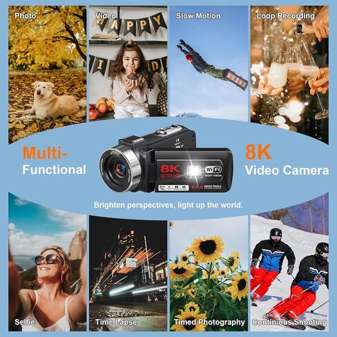 8K 64MP Video Camera Camcorder 18X Zoom WiFi IR Night Vision Camcorders | 3.0'' Touch Screen Webcam Vlogging Camera for YouTube with 64GB SD Card, 2 Batteries, Remote Control, Mic and Stabilizer in Saudi Arabia