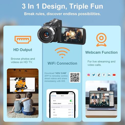 8K 64MP Video Camera Camcorder 18X Zoom WiFi IR Night Vision Camcorders | 3.0'' Touch Screen Webcam Vlogging Camera for YouTube with 64GB SD Card, 2 Batteries, Remote Control, Mic and Stabilizer in Saudi Arabia