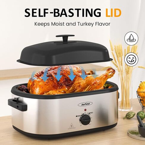 Electric Roaster Oven, 20 QT Roaster with Self-Basting Lid and Buffet Server, Turkey Roaster Oven with 150-450°F Full-Range Temperature Control, Removable Pan, Stainless Steel, Silver in Saudi Arabia