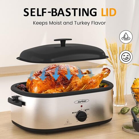 Electric Roaster Oven, 18 QT Turkey Roaster with Self-Basting Lid and Buffet Server, Roaster Oven with Adjustable Temperature Control, Removable Pan for Turkey, Stainless Steel, Silver in Saudi Arabia