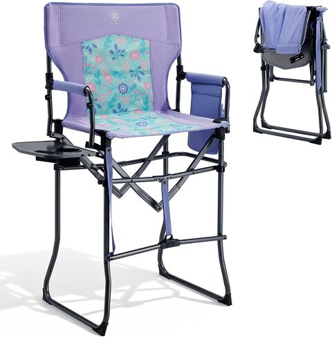 EVER ADVANCED Portable 30.7" Seat Height Tall Camping Directors Chair | Folding Chair High Foldable Bar Stool with Side Table for Makeup Artist, Sports Event, Craft Show, Supports 350LBS in Kuwait