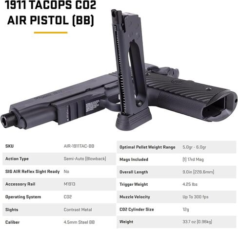 SIG SAUER 1911 TACOPS CO2 BB Air Pistol | Semi-Auto Blowback, 4.5mm (.177) Steel BB, 17rd Drop-Free Magazine, CO2 Powered, Full Metal Construction, Ambidextrous Safety in Kuwait