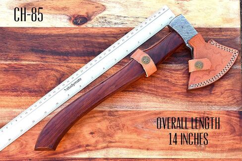 14" Camping Axe Hatchet Tomahawk | Handmade Damascus Carbon Steel Hunting Viking Axe, Chopping Axe, Throwing Axe, Gardening & Bushcraft Axe for Outdoor Wood | Viking Gifts for Men with Sheath in Kuwait