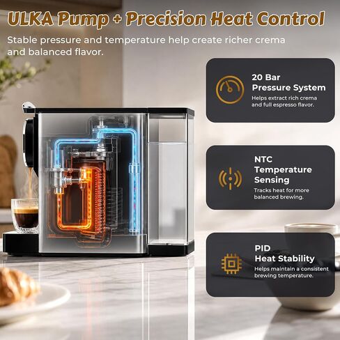 Stainless Steel 20 Bar Espresso Machine for Nespresso Original Pods | ULKA Pump, 1200W PID + NTC Heating, 4 Brew Modes, Programmable Cup Memory & Low-Water Alert for Home or Office Coffee Bars in Saudi Arabia