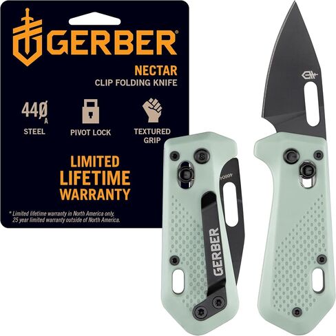 Gerber Gear Nectar - Clip Folding Pocket Knife with Small 2.5" 440A Stainless Steel Drop Point Blade, Ambidextrous Pivot Lock, Pocket Clip & Lanyard Hole - Plain Edge - Baltic Haze in Kuwait