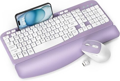 Wireless Keyboard and Mouse Combo, Full-Sized Ergonomic Wave Keys Keyboard with Memory Foam Wrist Rest & Phone Holder, 2.4G Quiet Keyboard Mouse Work Setup for PC Laptop, Office or Home (Black) in Saudi Arabia