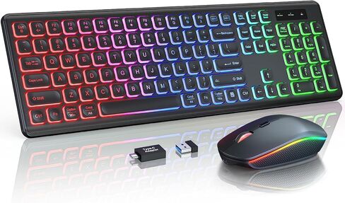 Wireless Keyboard and Mouse Combo with RGB Backlit, Rechargeable | Light Up Letters, Full-Size, Soft Typing, Sleep Mode, 2.4GHz Quiet Keyboard Set for Mac, Windows, Laptop, PC, Trueque KM42Pro in Saudi Arabia
